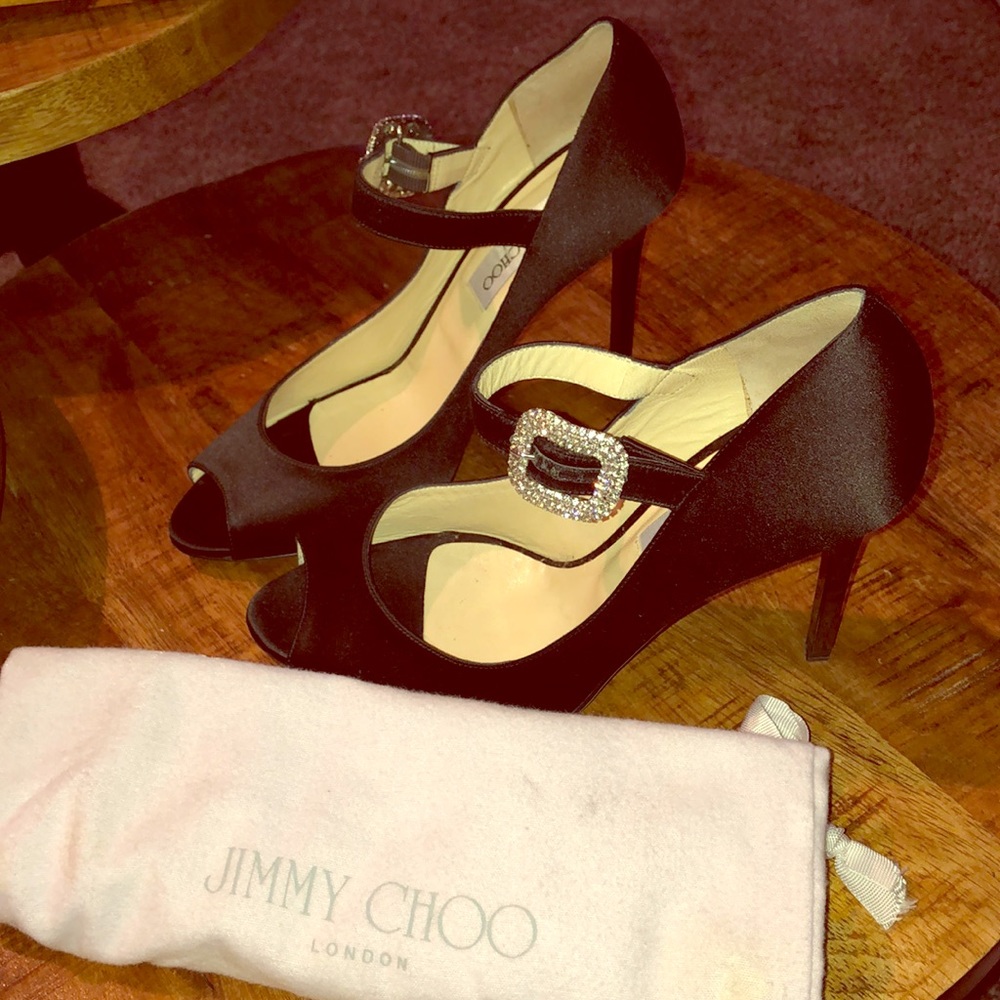 Jimmy Choo Black Satin Peep Toe Pumps